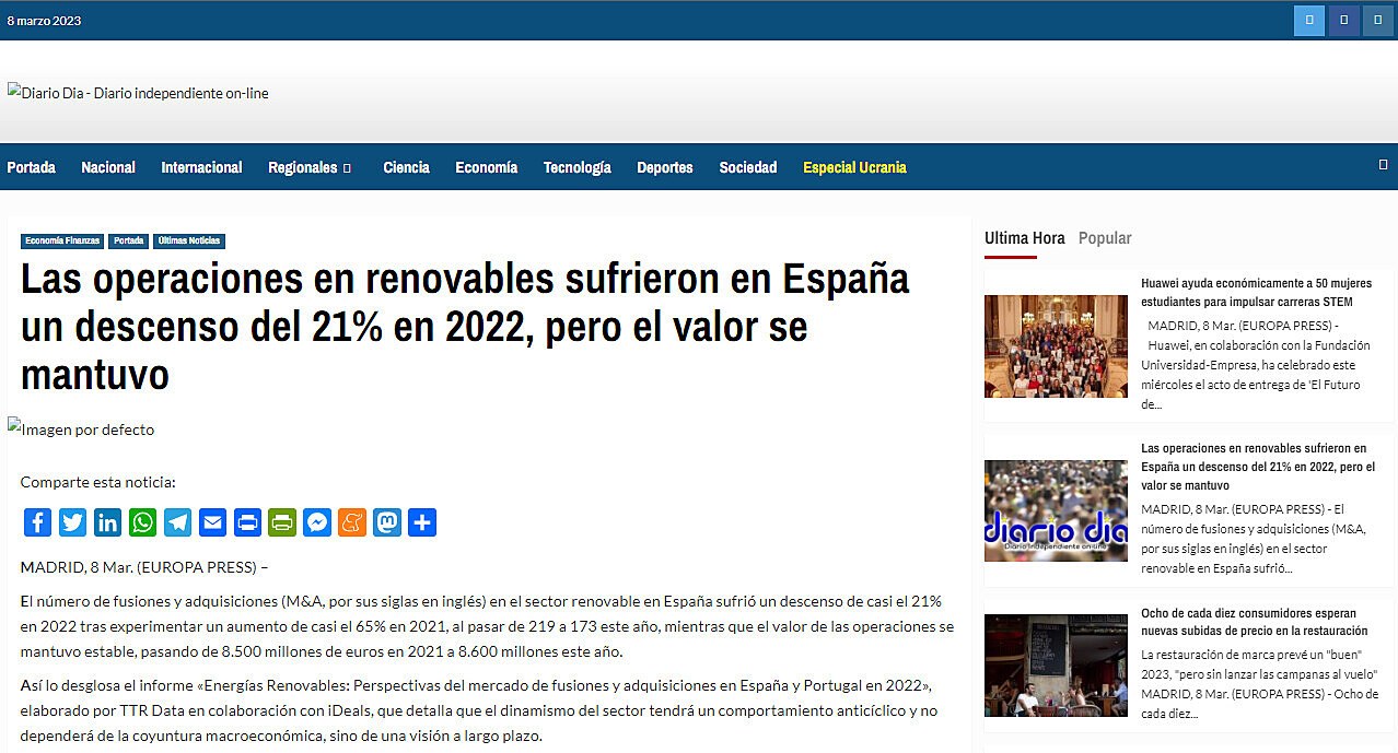 Las operaciones en renovables sufrieron en Espaa un descenso del 21% en 2022, pero el valor se mantuvo